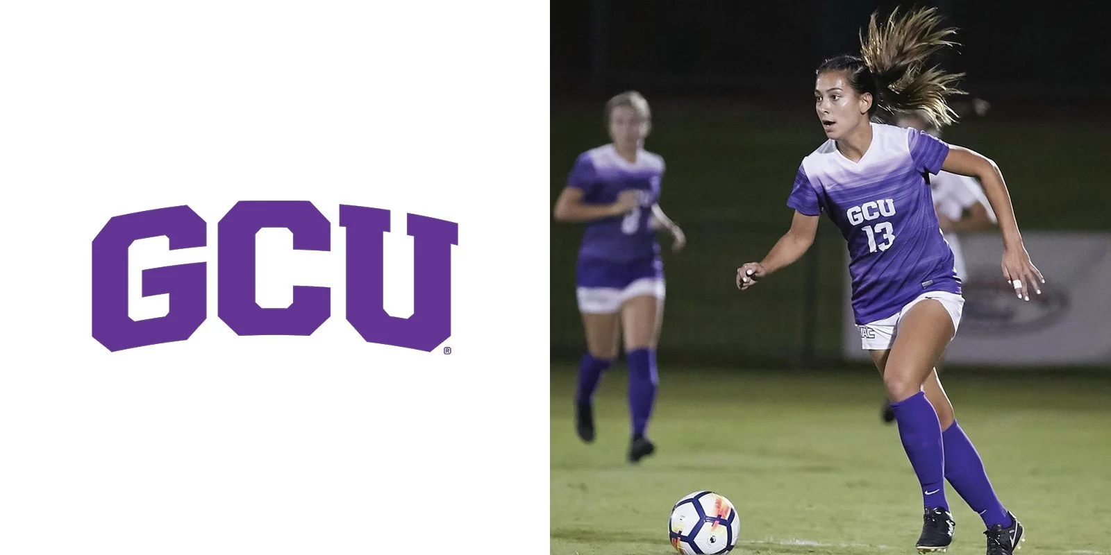 GCU logo in purple on left; female soccer player in GCU purple uniform with number 13 in action on right.
