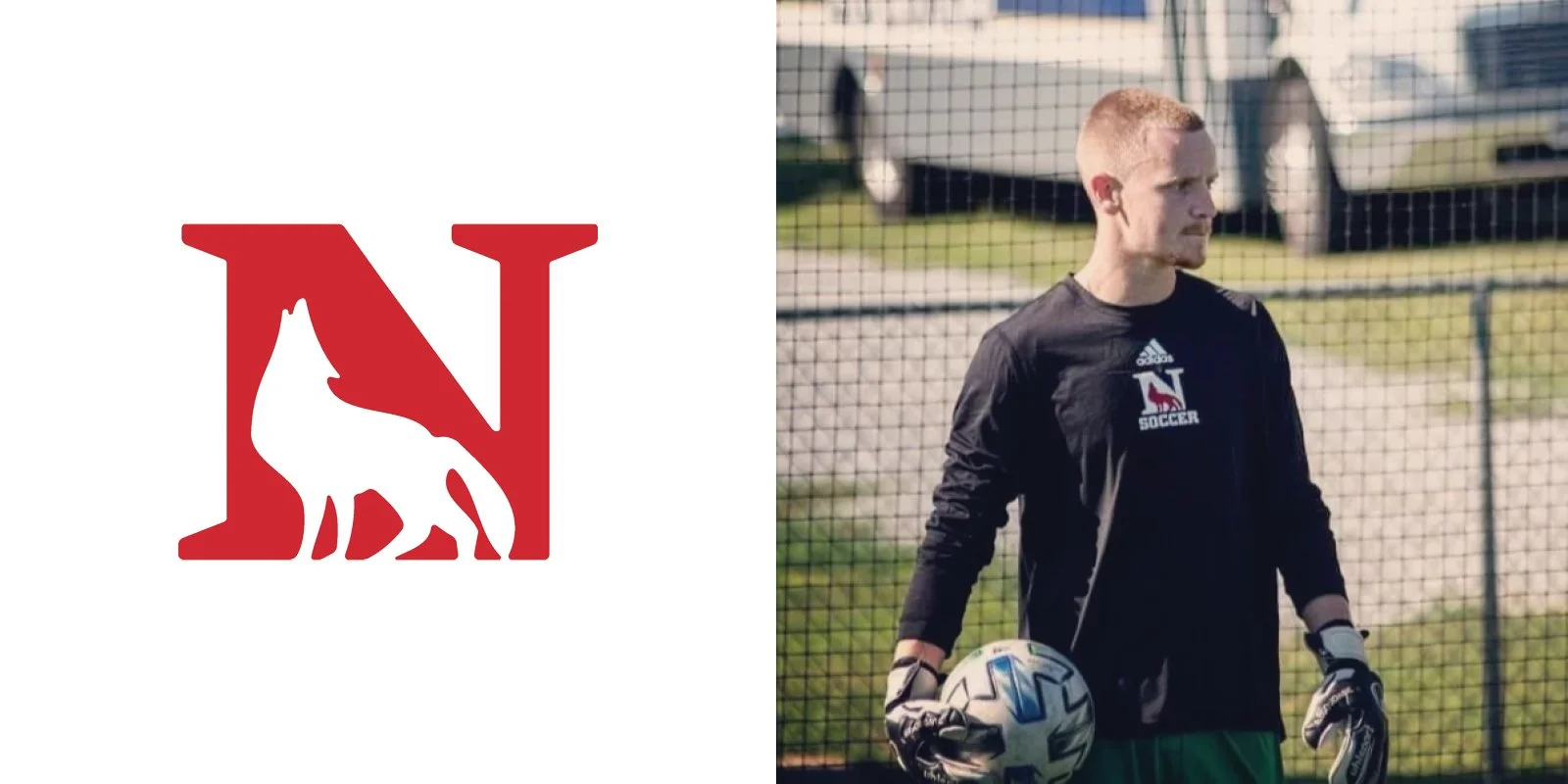 Red letter 'N' with a wolf silhouette logo on the left and a soccer player in a black 'N' soccer shirt holding a ball on the right.