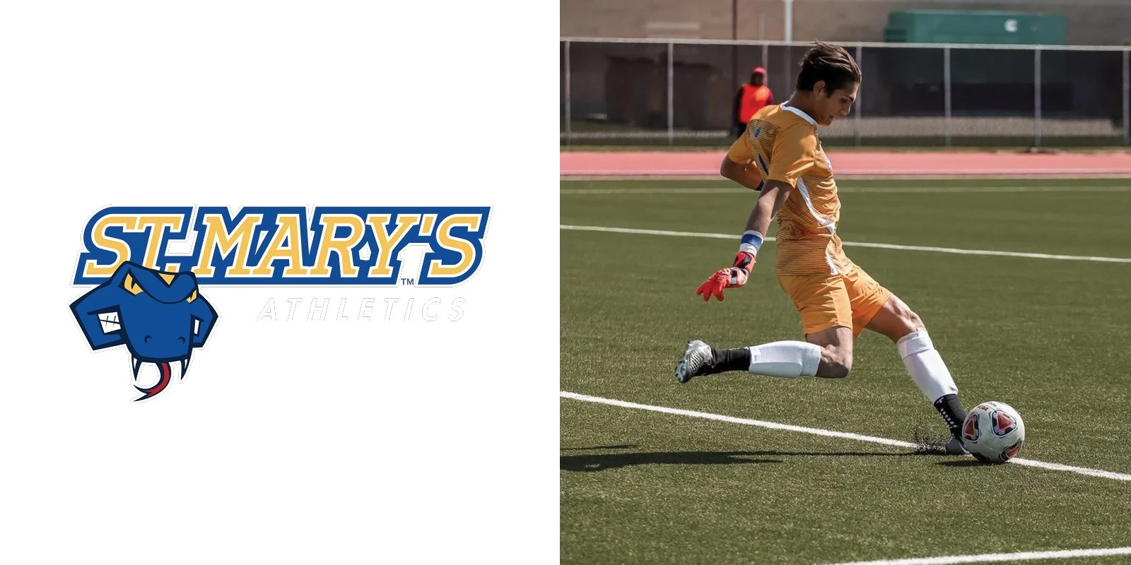 St. Mary’s Athletics logo and a soccer player kicking a ball on a field.
