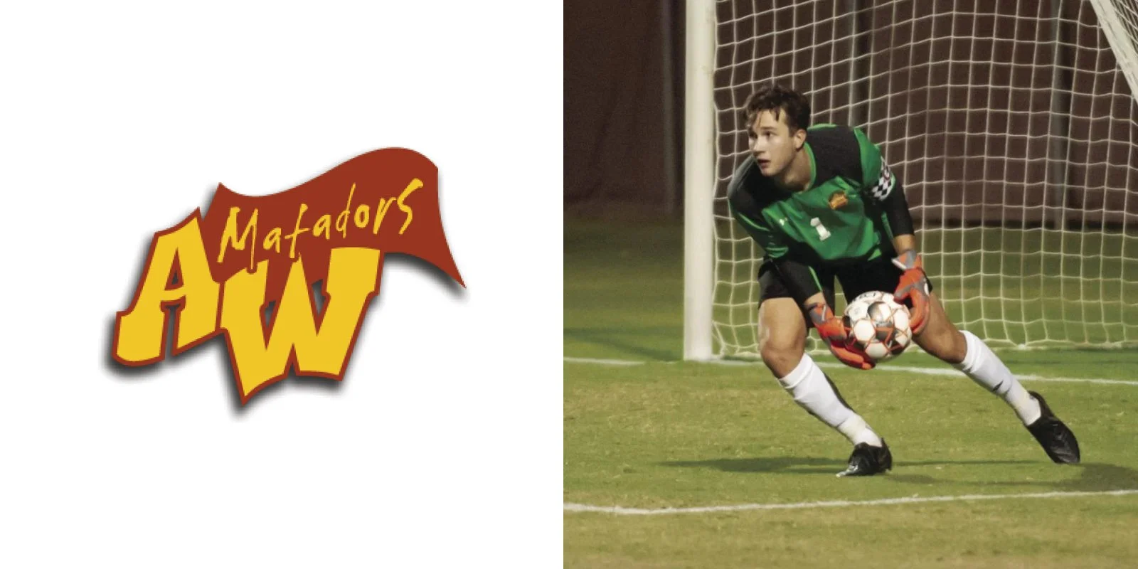 "AW Matadors logo and soccer goalie preparing to catch a soccer ball in front of net."