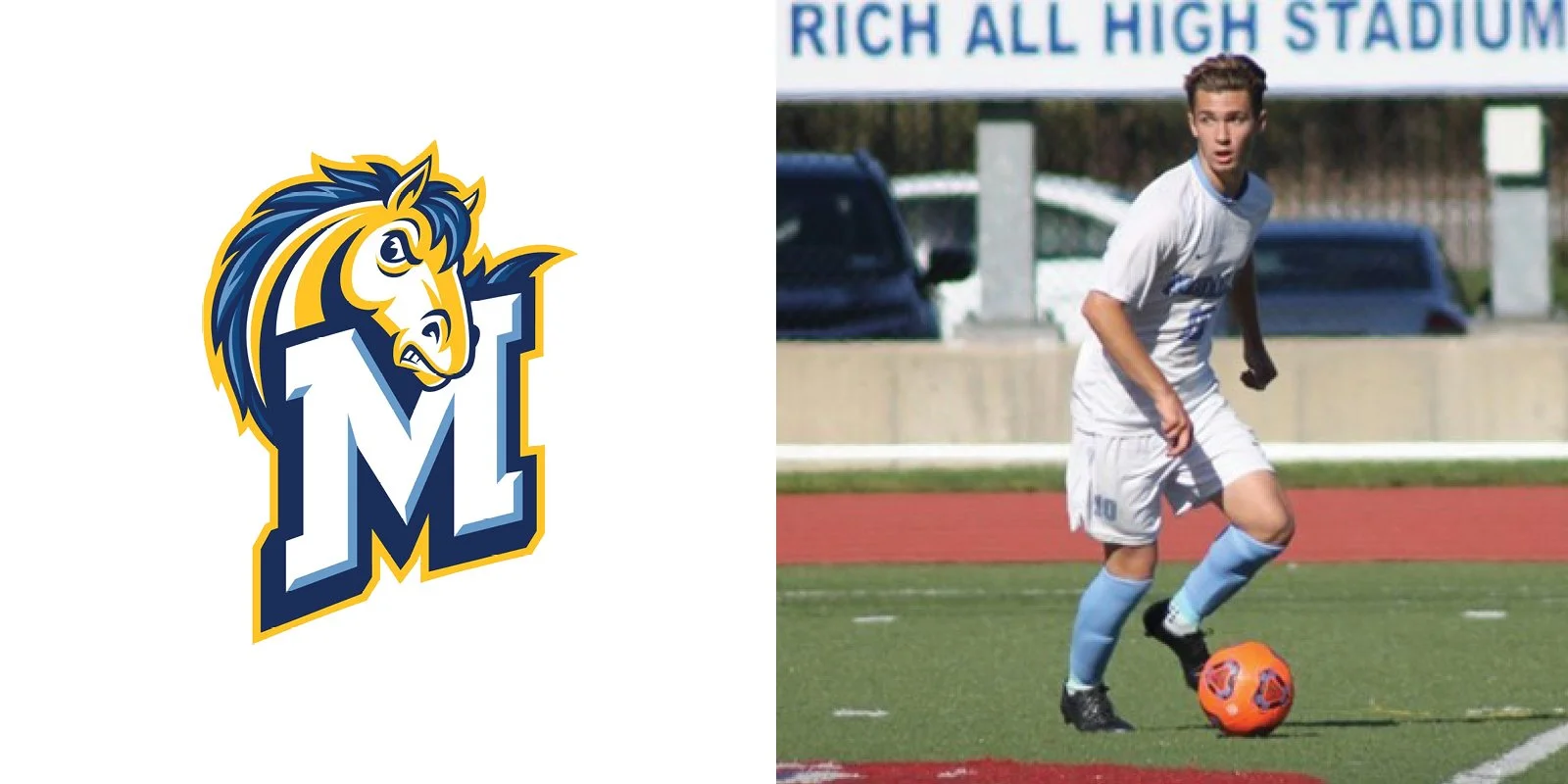 Blue and yellow horse emblem beside soccer player in white uniform running with an orange ball on a field.