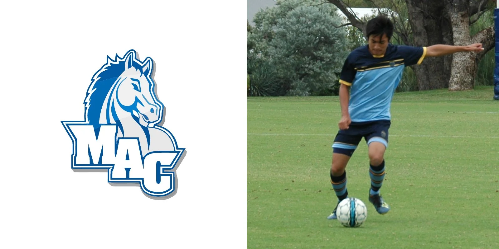 Illustration of horse head logo with 'MAC' text and person in blue soccer uniform kicking a ball on a field.