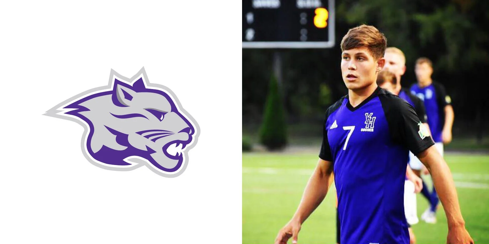 A purple and gray panther logo on the left and a soccer player wearing a blue and black jersey with number 7 on the right, standing on a soccer field.