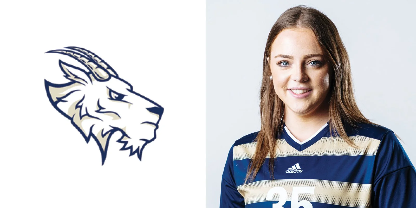 Profile of a woman wearing a striped sports jersey with an adjacent goat logo illustration on the left.