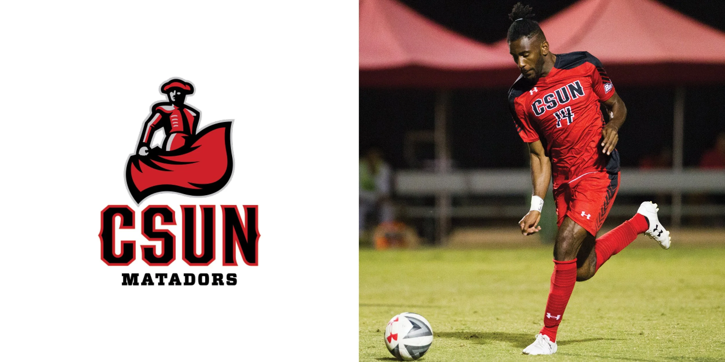 CSUN Matadors logo on the left and a soccer player in red CSUN uniform mid-action on a field on the right.