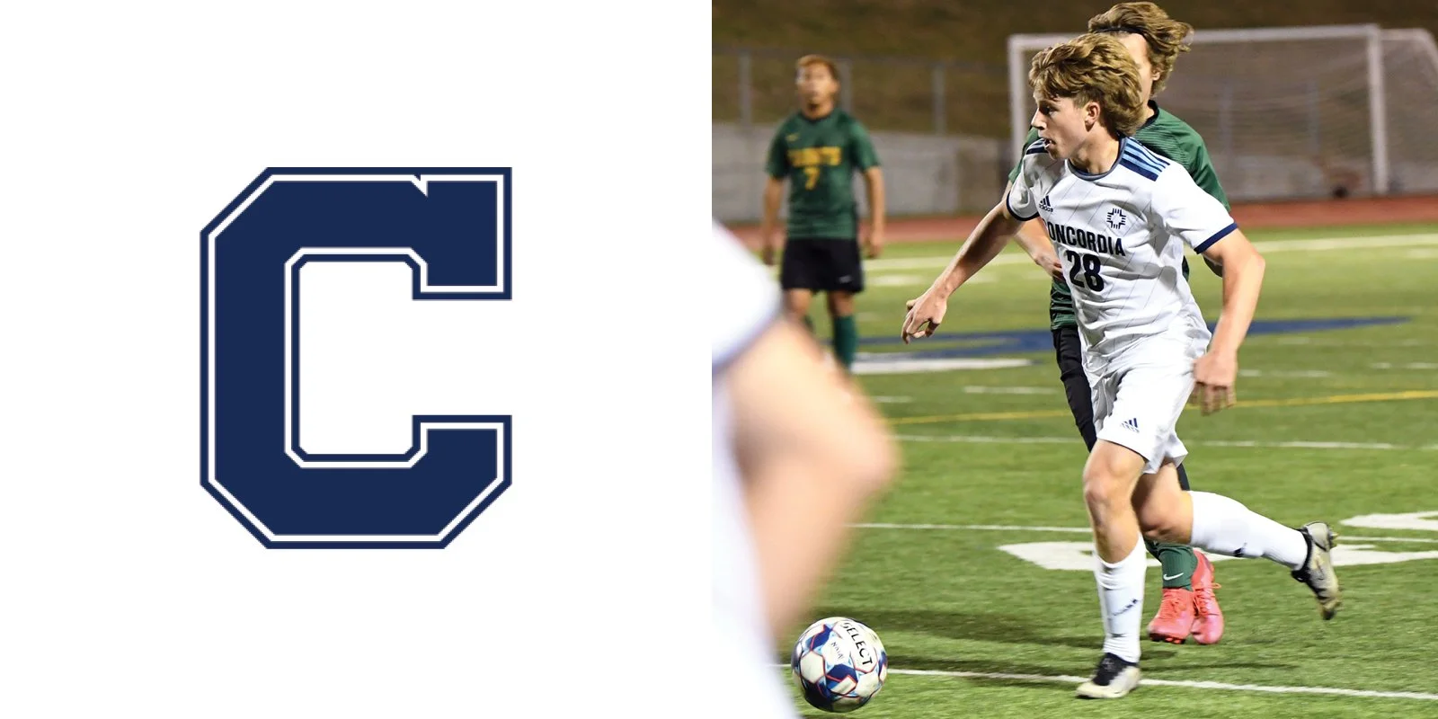 Athlete playing soccer on the field, wearing a white uniform with 'Concordia' and number 28. Large letter 'C' on left side in dark blue.