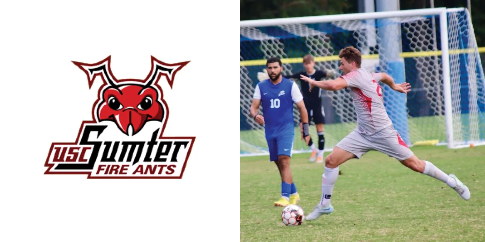 USC Sumter Fire Ants logo on left; soccer player in action on field on right.