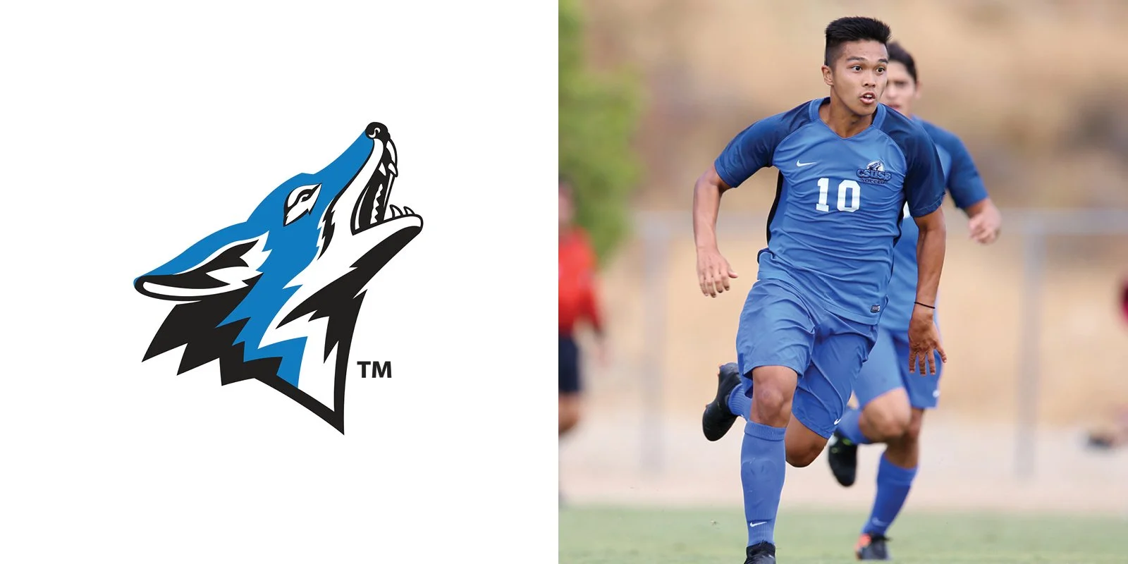 Split image of a blue and black wolf logo on the left and a soccer player in blue uniform with number 10 on the right.