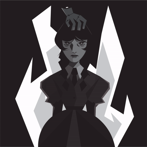 Stylized black and white illustration of a woman with a serious expression.