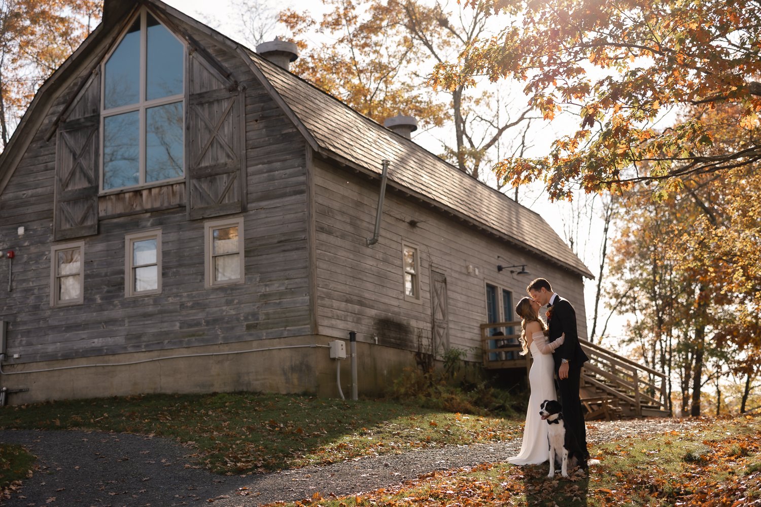 Editorial wedding portrait of a couple sharing a kiss beside a weathered barn in autumn leaves with a dog at their feet.