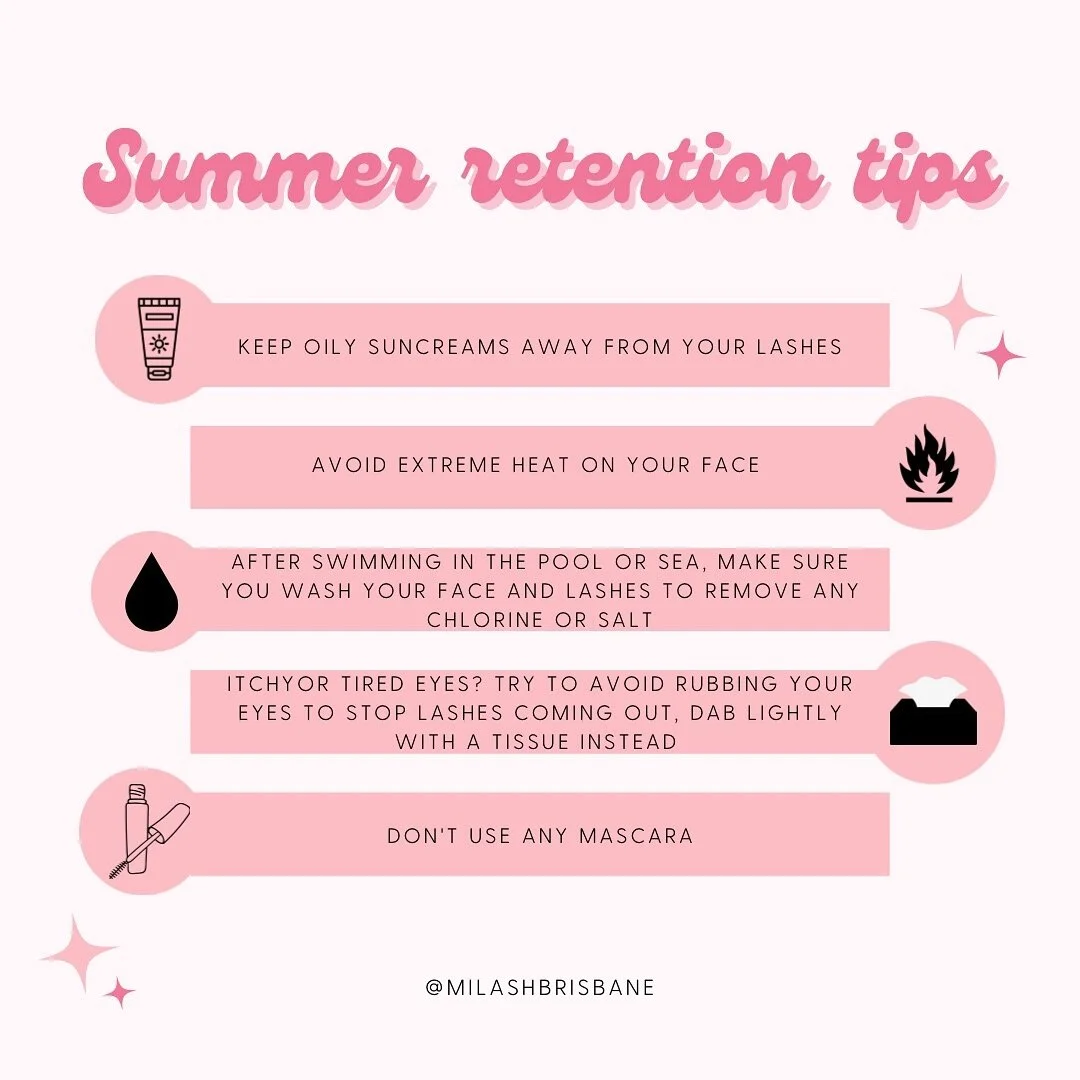 Dear Milash Clients ✨
It&rsquo;s that time of year again. With the hot summer and sweat, our lash retention won&rsquo;t last as long. This is a reminder to take care of your lashes, use lash shampoo to clean them regularly, and consider coming in for