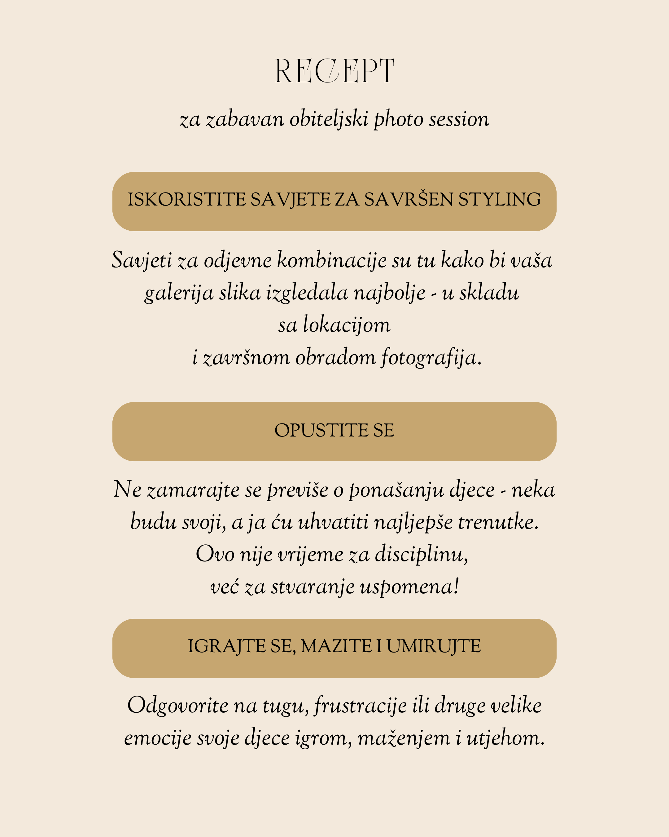 Invitation card with tips for a fun family photo session, including styling advice, relaxation tips, and playing ideas, written in Croatian.