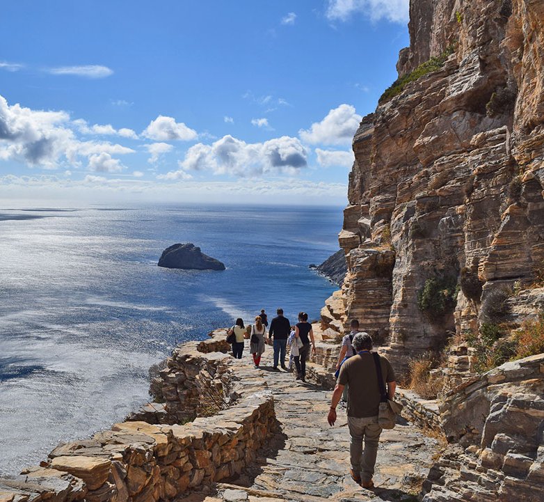 Guided coastal walk along the cliff paths of Amorgos, Greece, overlooking the Aegean Sea and dramatic island scenery.