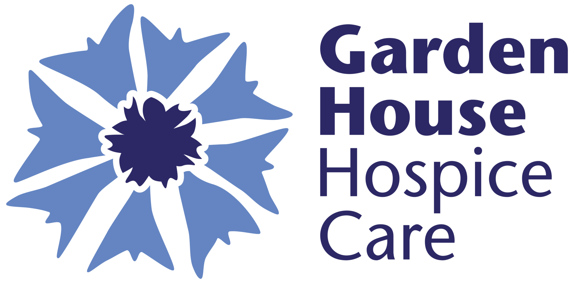 Logo for Garden House Hospice Care featuring a stylized blue flower and dark purple text