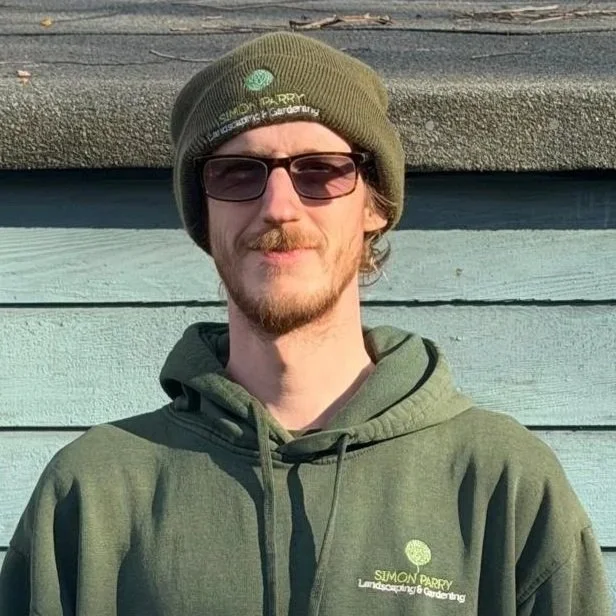 Person raking fallen leaves on a gravel driveway in front of a house with a hedge and trees.
