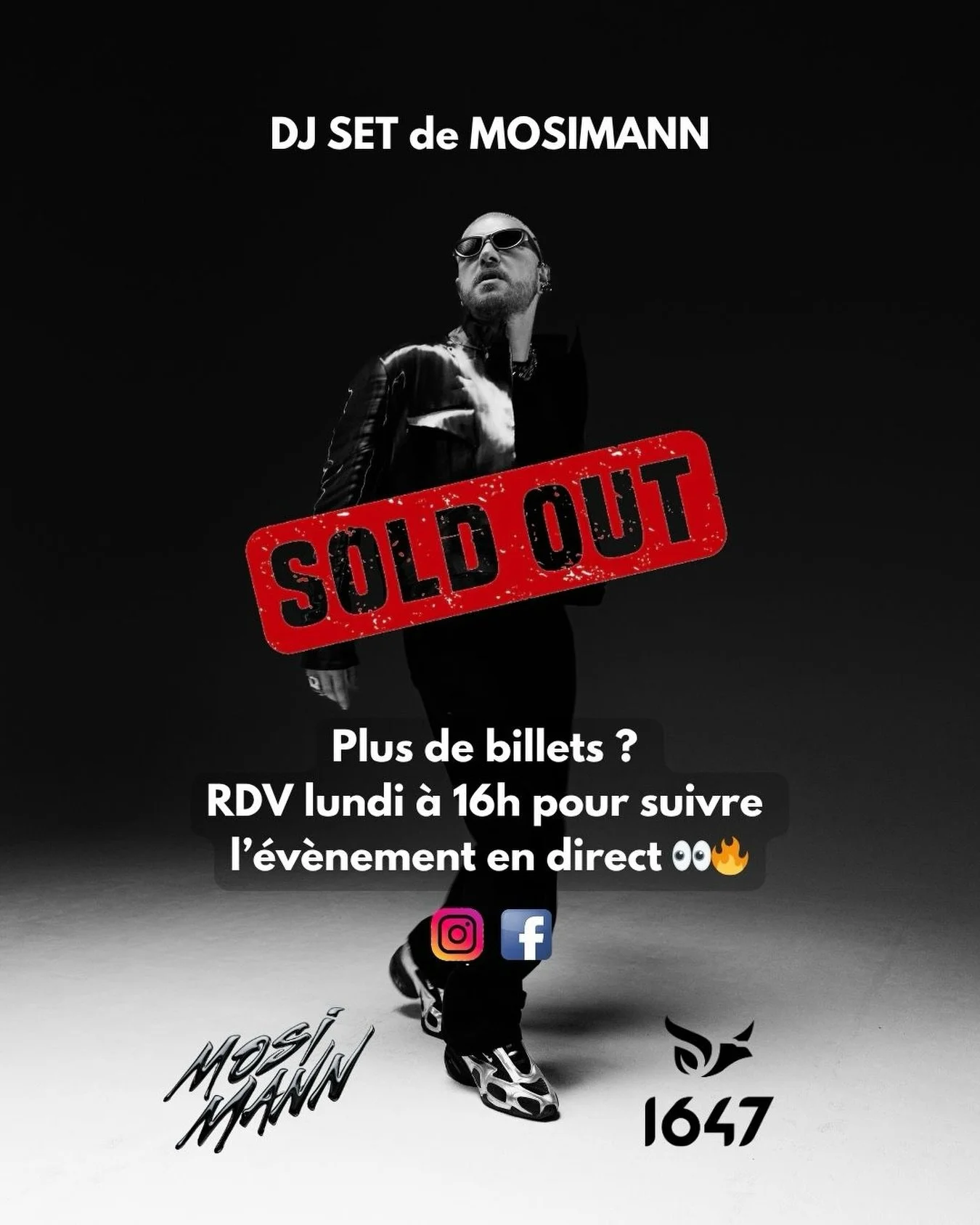 SOLD OUT 🚨
Plus un seul billet&hellip; vous &ecirc;tes incroyables 🖤
Rendez-vous lundi &agrave; 16h pour vivre &ccedil;a en direct 👀🔥

#soldout #mosimann #djset #1647 #laclusaz