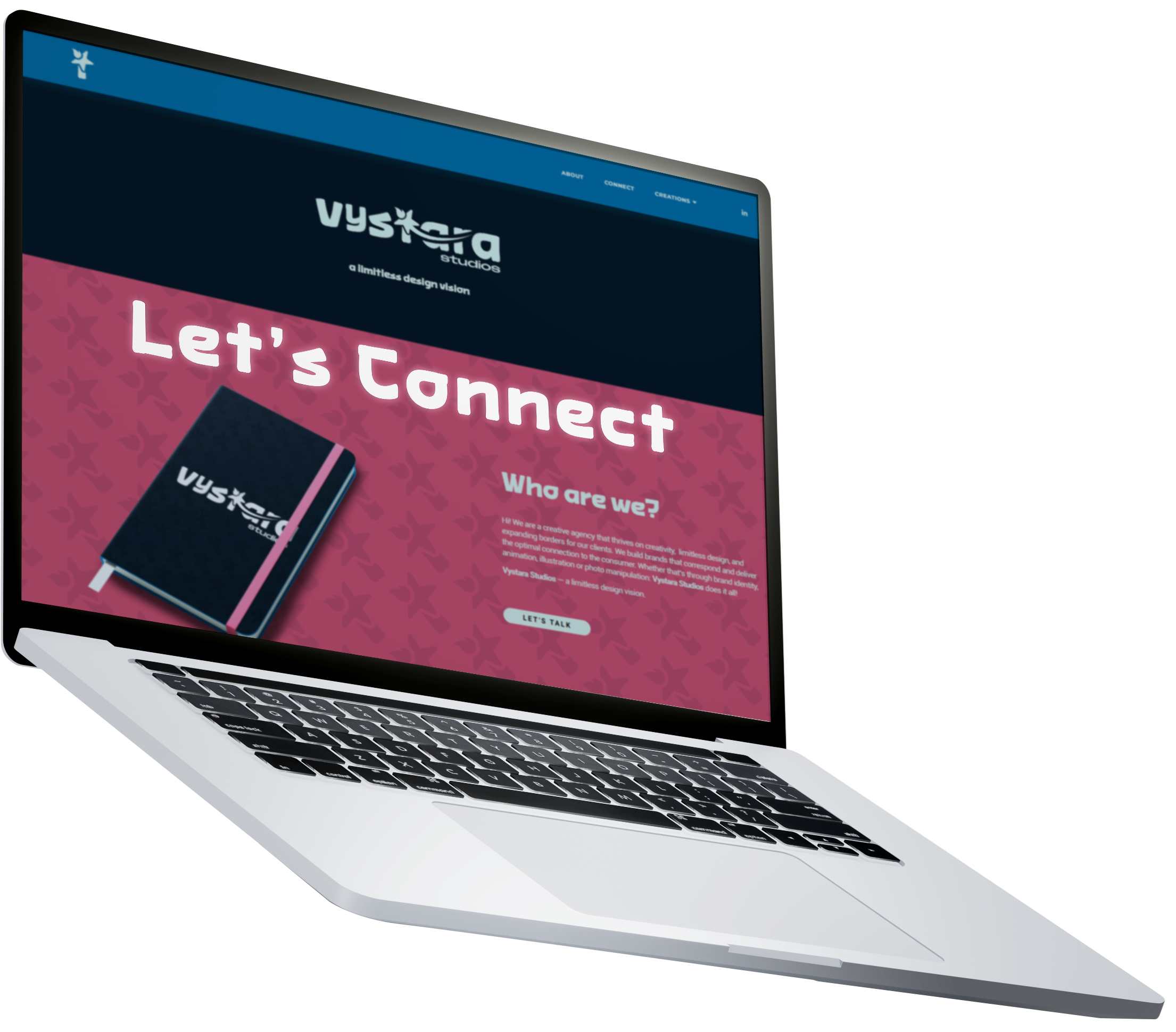 Laptop displaying a website with "Let's Connect" heading and a notebook image, related to Vystara Studios.