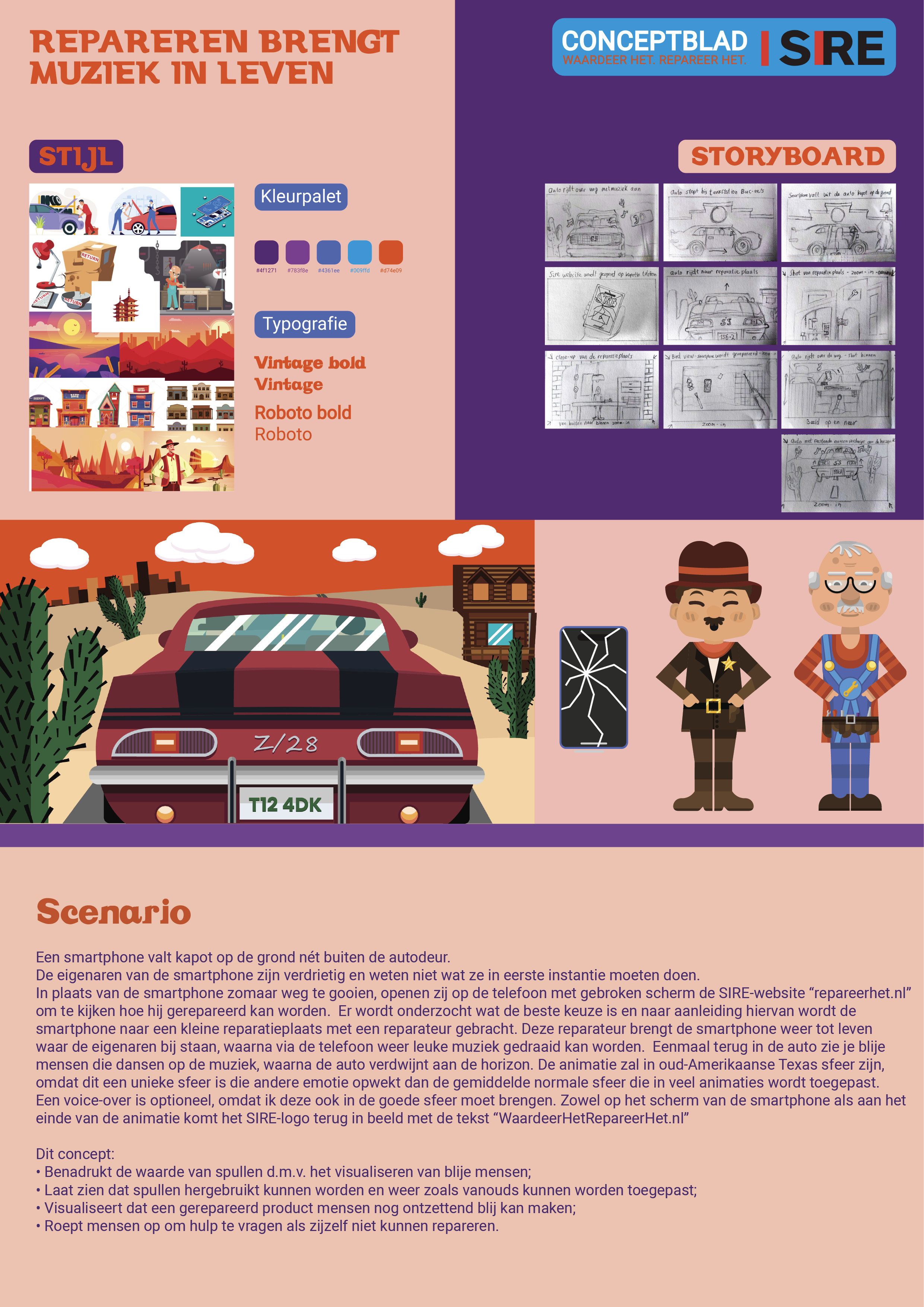 Animated cowboy repairing phone at gas station for design school project