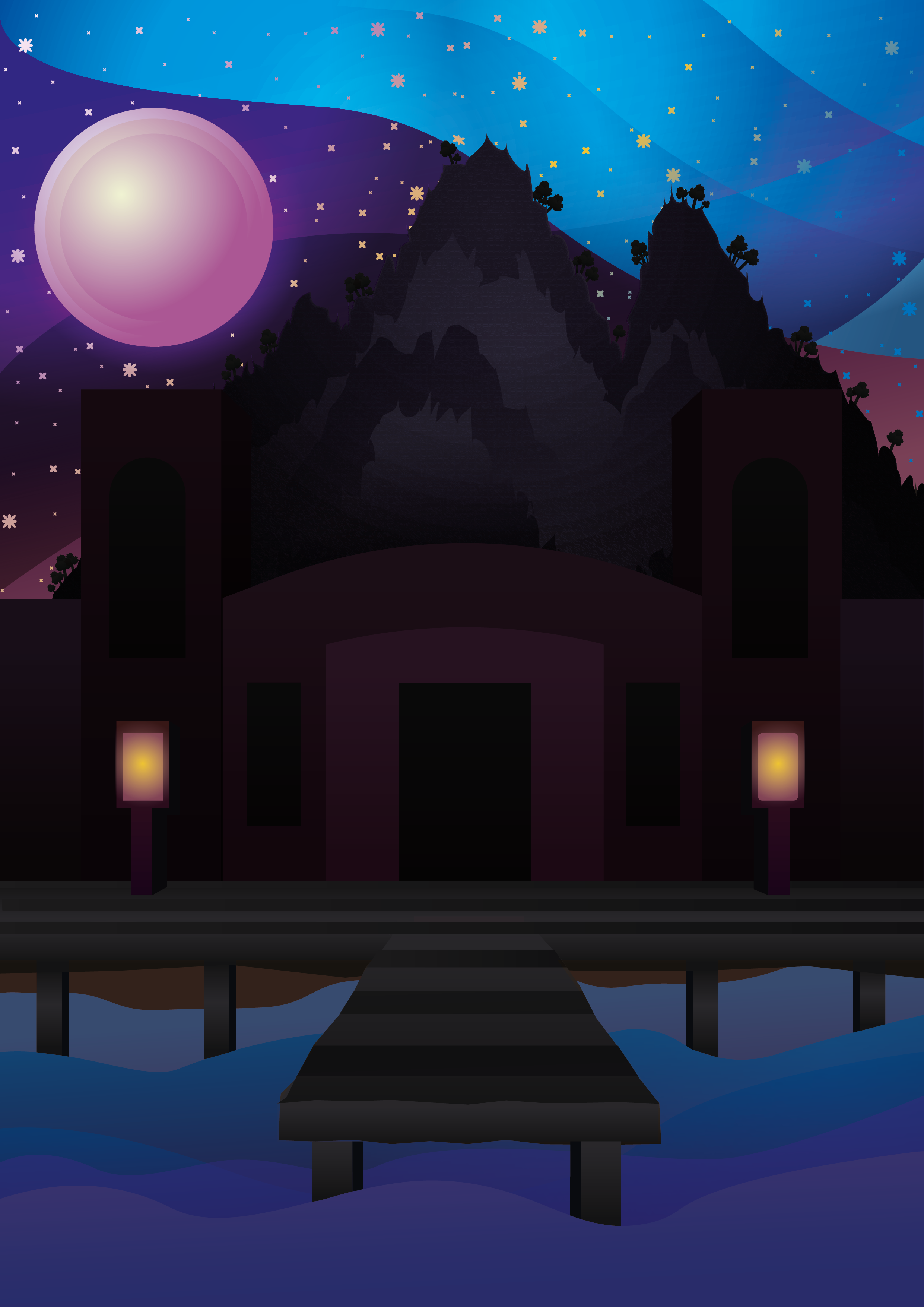 Storybook illustration depicting haunted theme park island