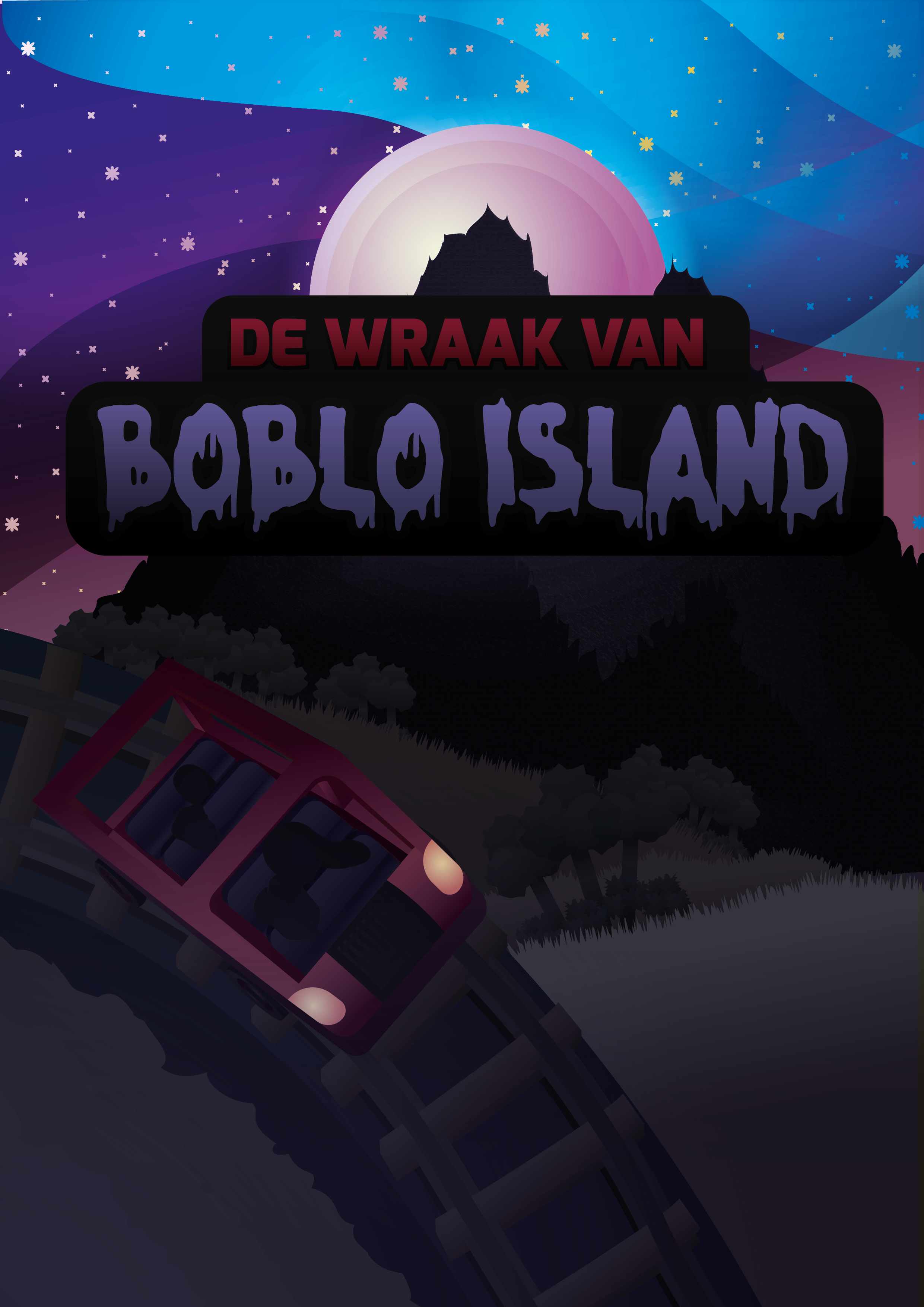 Storybook illustration depicting haunted theme park island