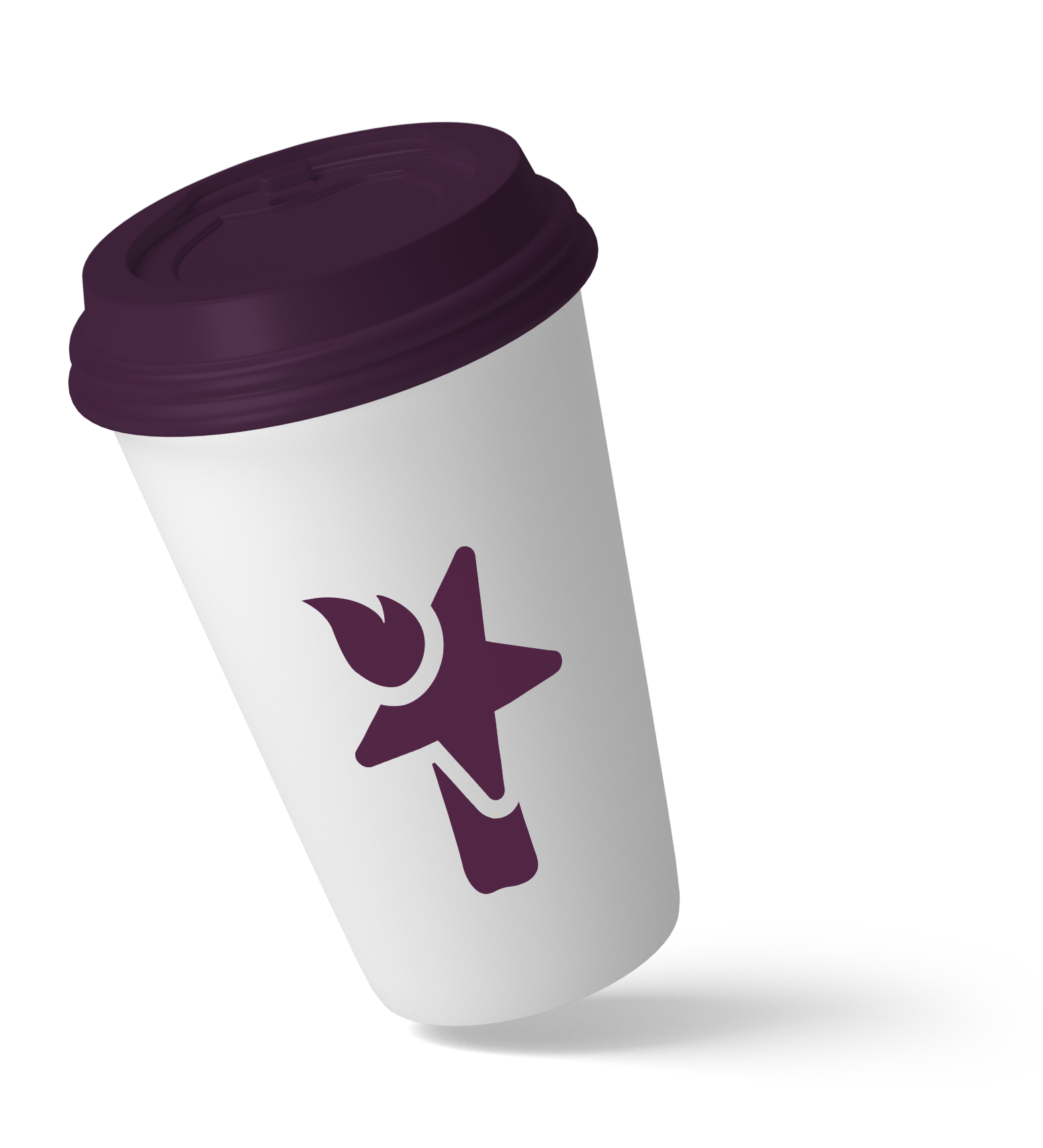 Disposable coffee cup with purple lid and star logo