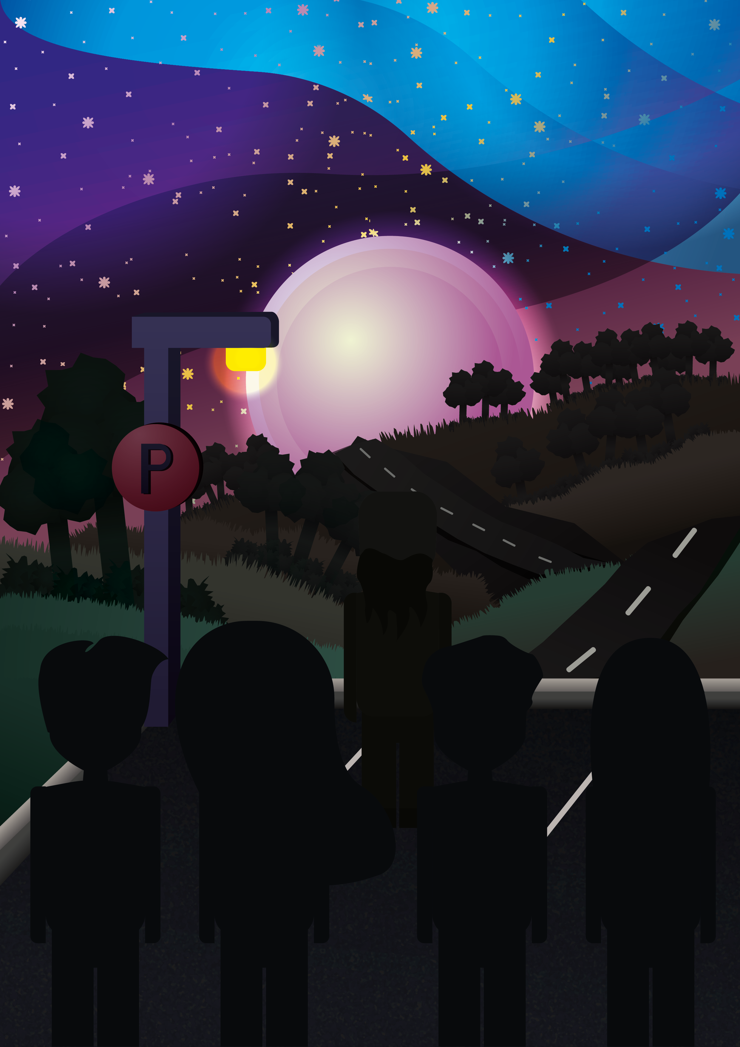 Silhouettes of people standing on a road under a streetlamp with a "P" sign, looking at a vibrant, starry night sky with a large moon on the horizon and a winding road surrounded by trees.