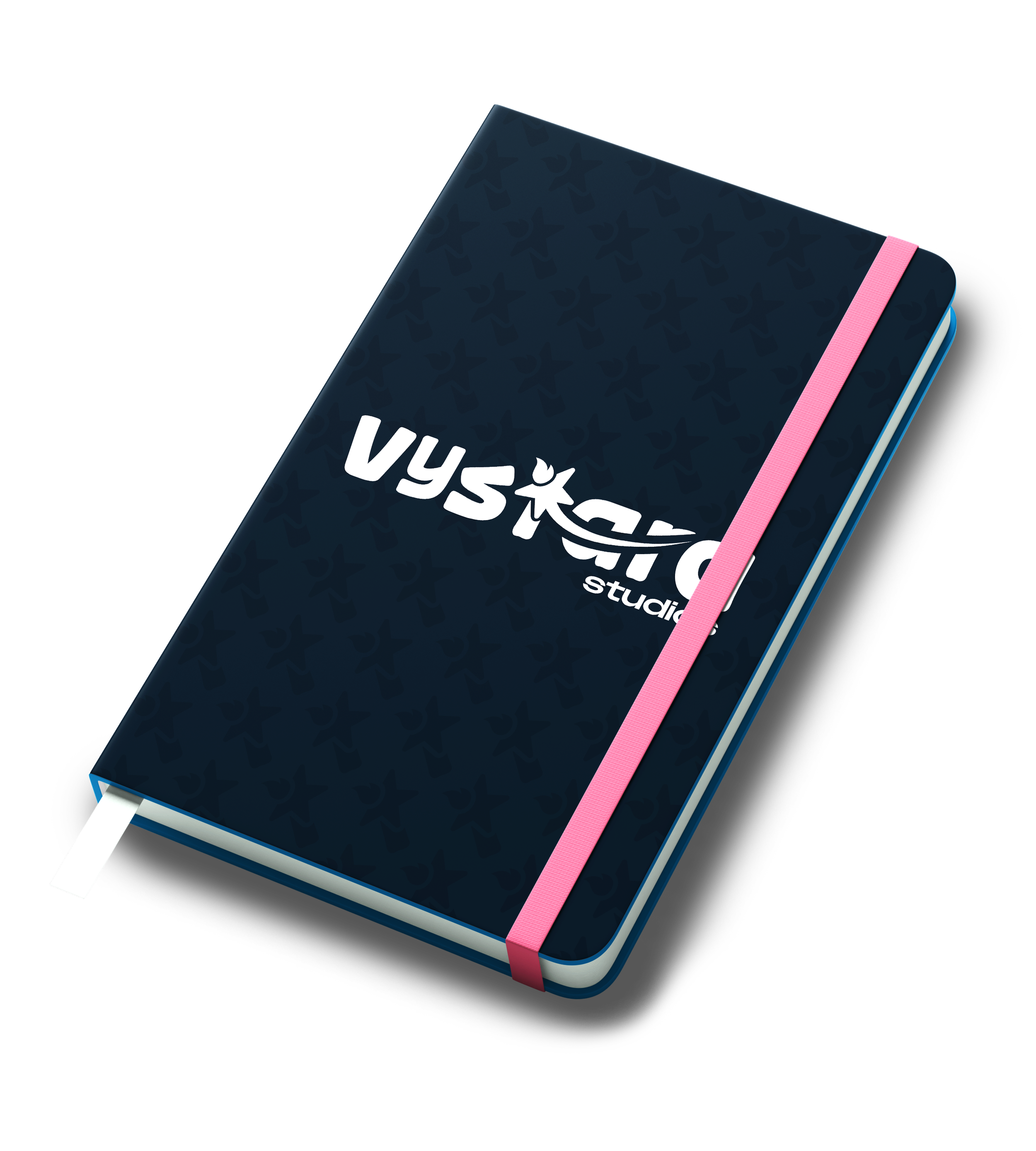 Notebook with a dark blue cover, pink elastic band, and white logo text.