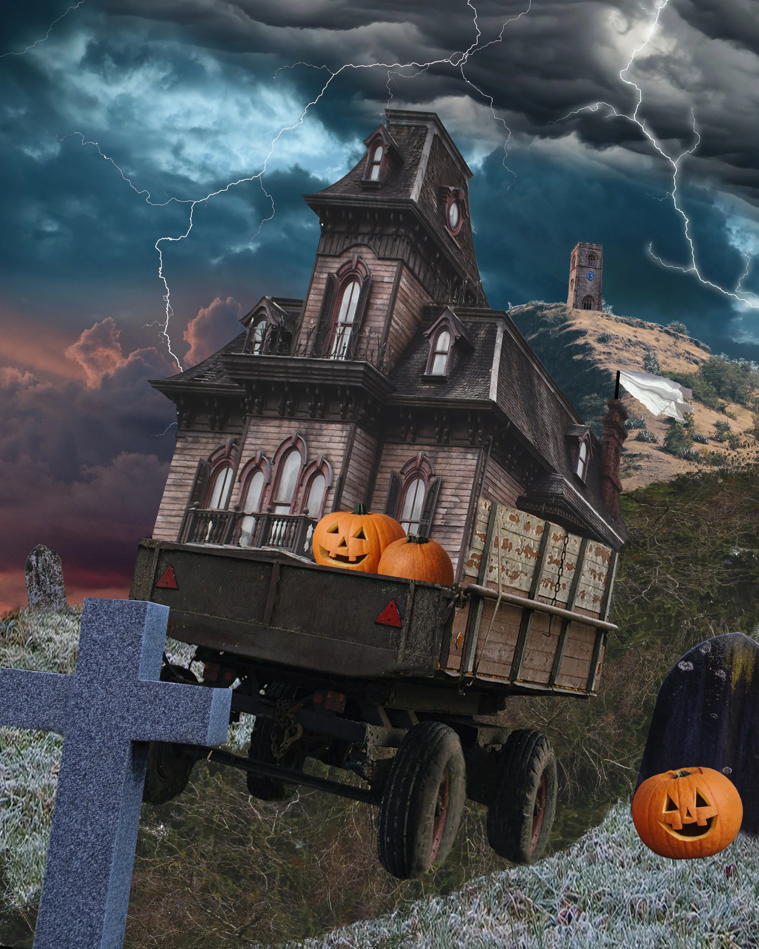 Haunted mansion on wheels designed for Halloween Photoshop challenge