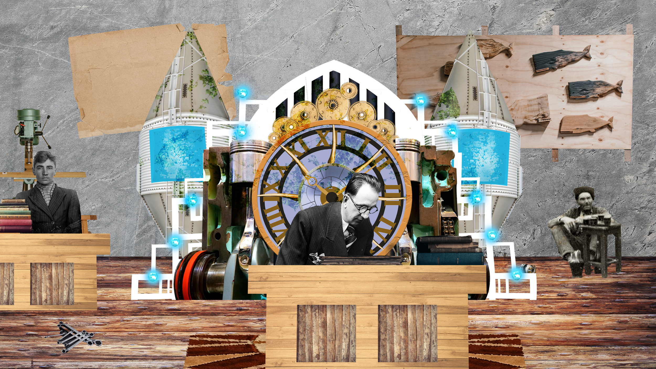 Collage of vintage photographs creating a surreal time-travel effect