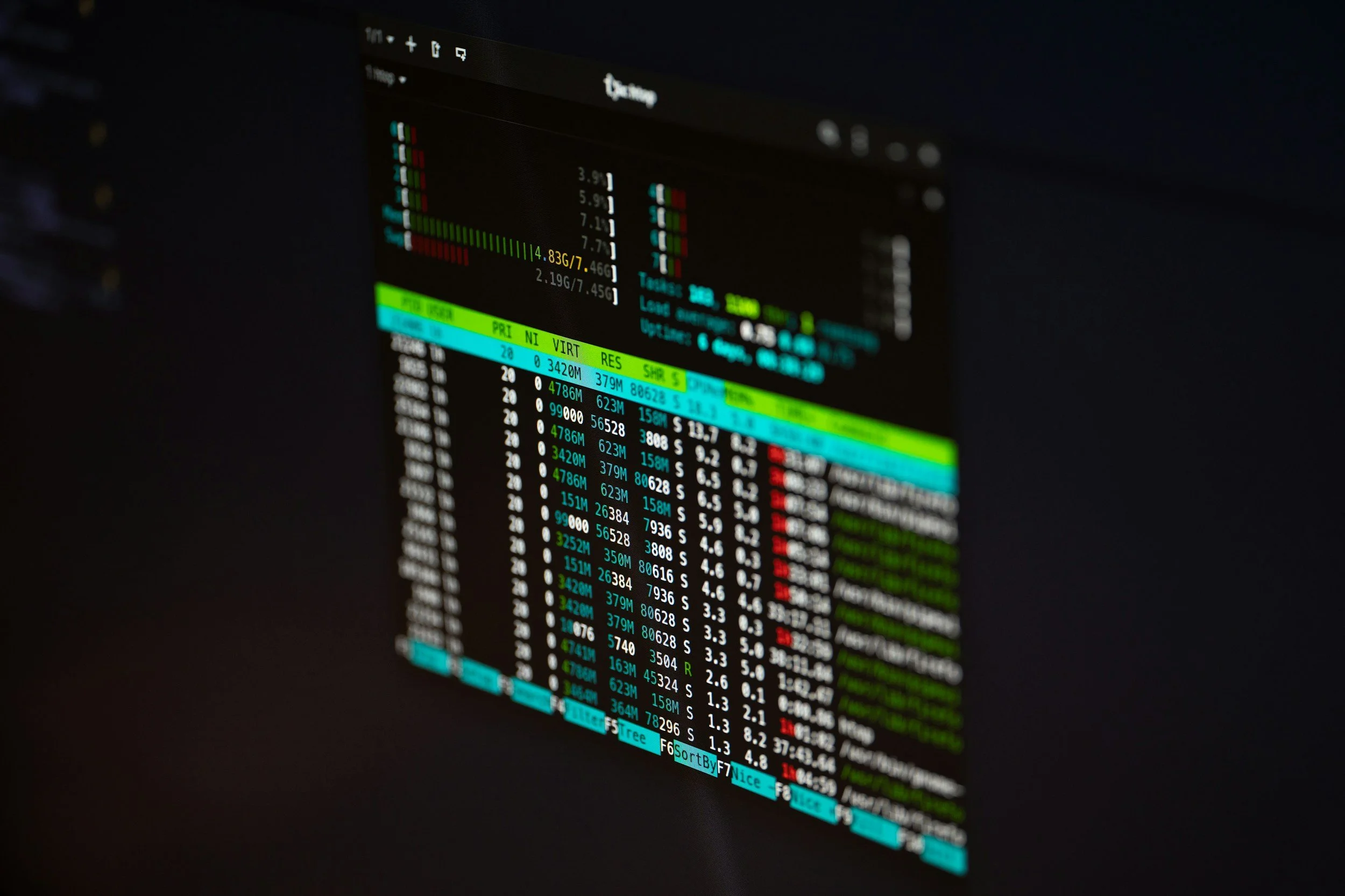 Close-up of a computer screen displaying a terminal with system monitoring information, including CPU and memory usage, and a list of processes.