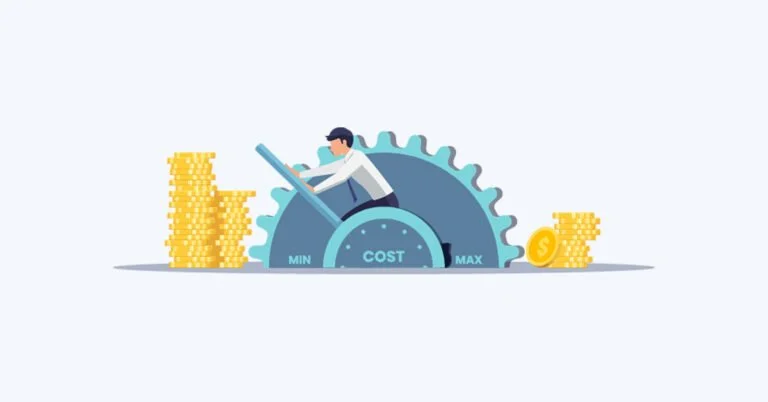 Illustration of a person adjusting a large gear labeled "COST," surrounded by stacks of coins, indicating cost management.
