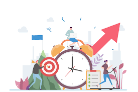 Illustration of people around an alarm clock, one with a laptop, another aiming a bow at a target, and one running on a treadmill, with an upward arrow indicating growth or success.