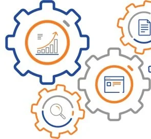 Interconnected gears with icons for graphs, documents, magnifying glass, and web pages.
