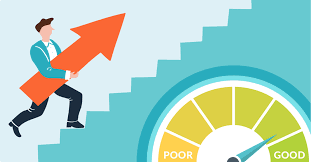 Illustration of a person climbing stairs holding a large red arrow, with a gauge labeled "Poor" to "Good" in the background.