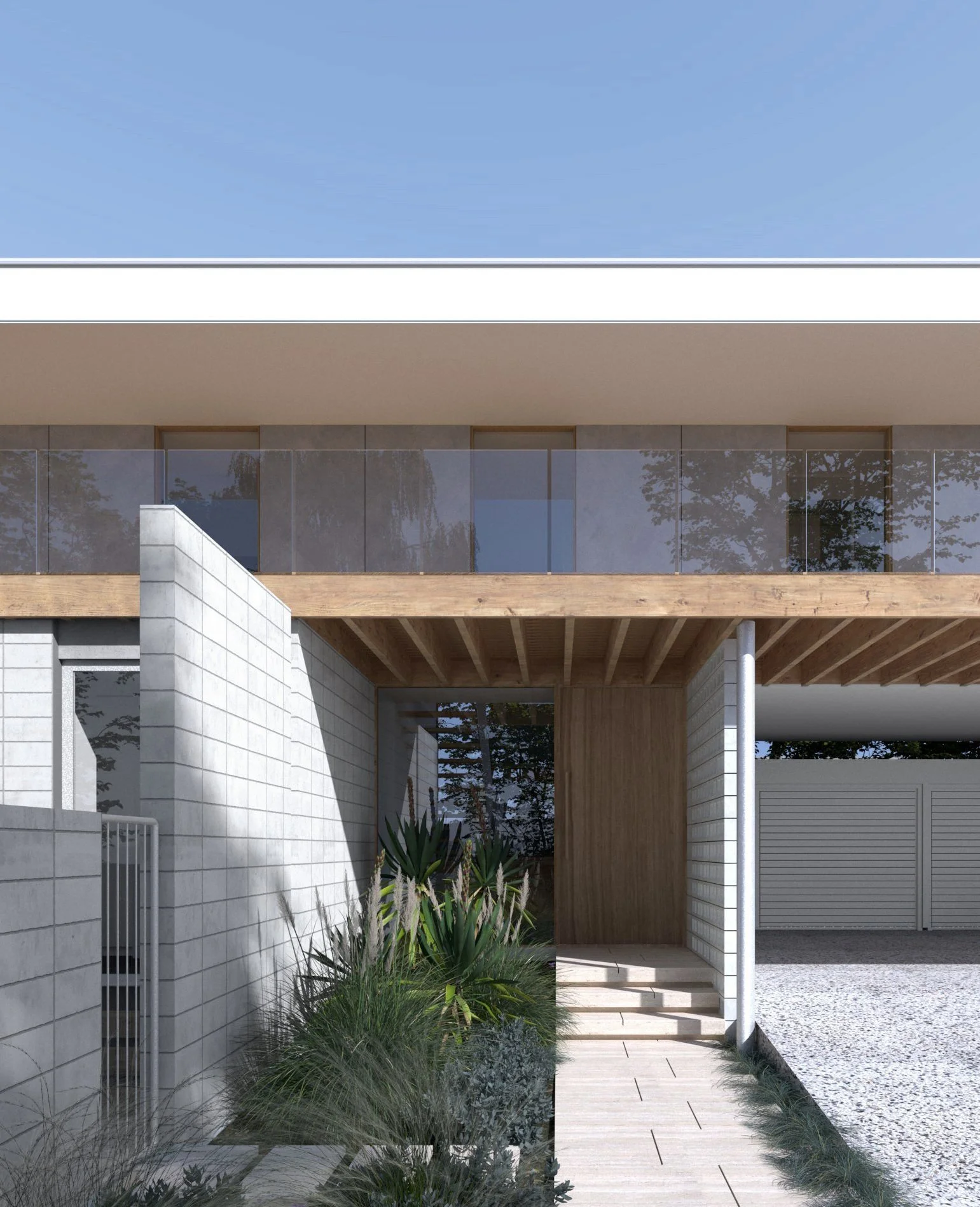 Modern architectural design with large windows and a timber deck overhang, featuring a garden with green plants and a walkway leading to the entrance.