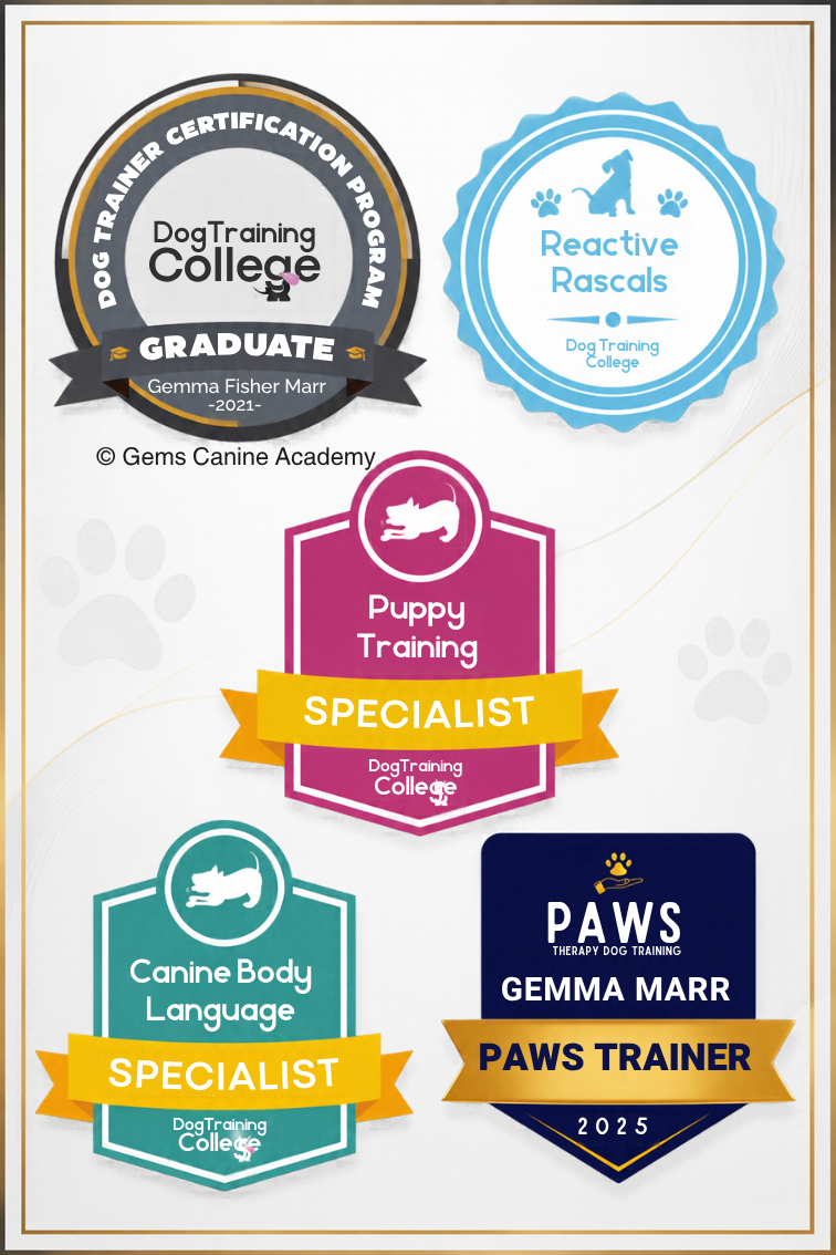 A collection of c certifications for Gemma from Gems Canine Academy