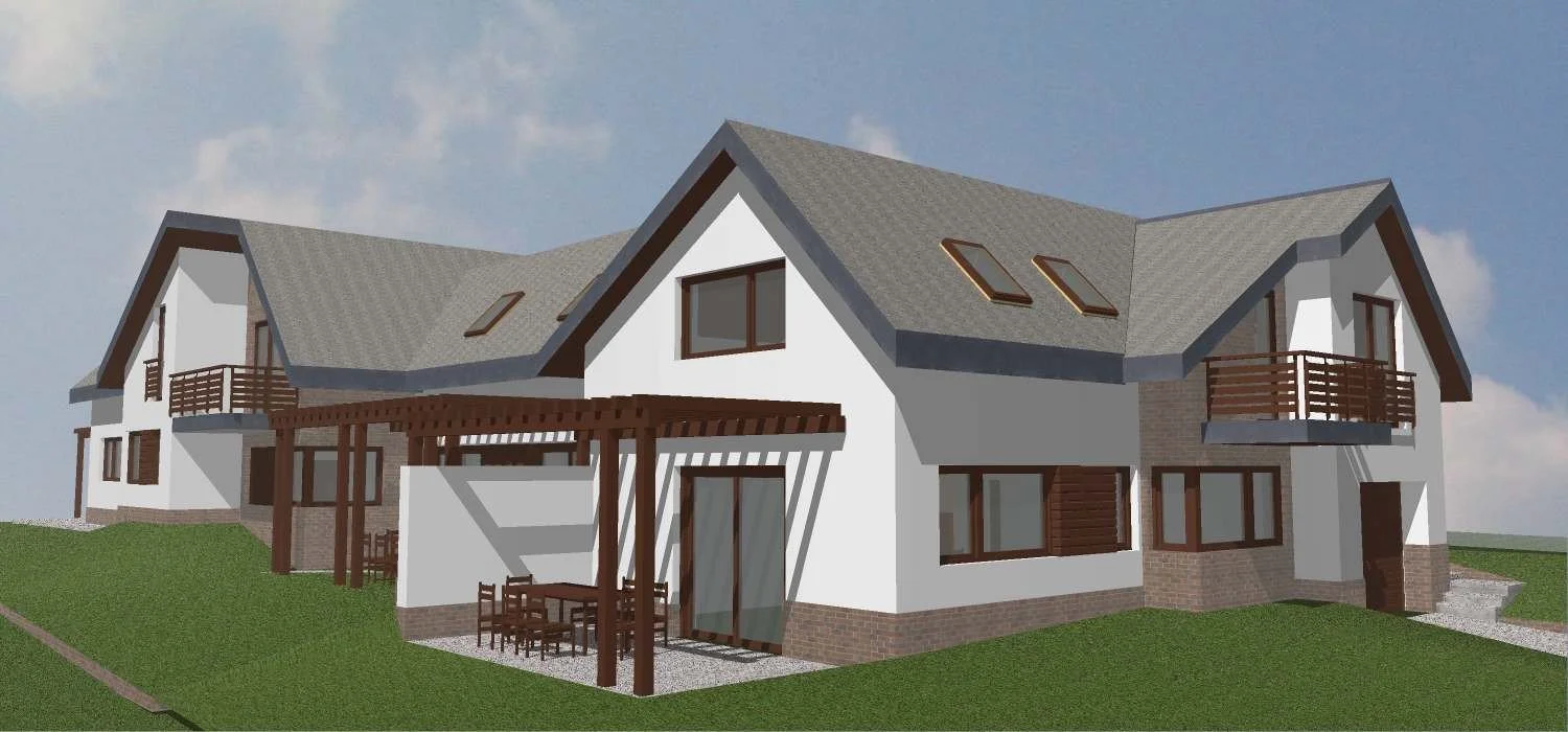 A two-story house with white walls, brown wooden balconies, and a gray gabled roof. There are multiple windows and skylights, and a covered patio area with outdoor seating.