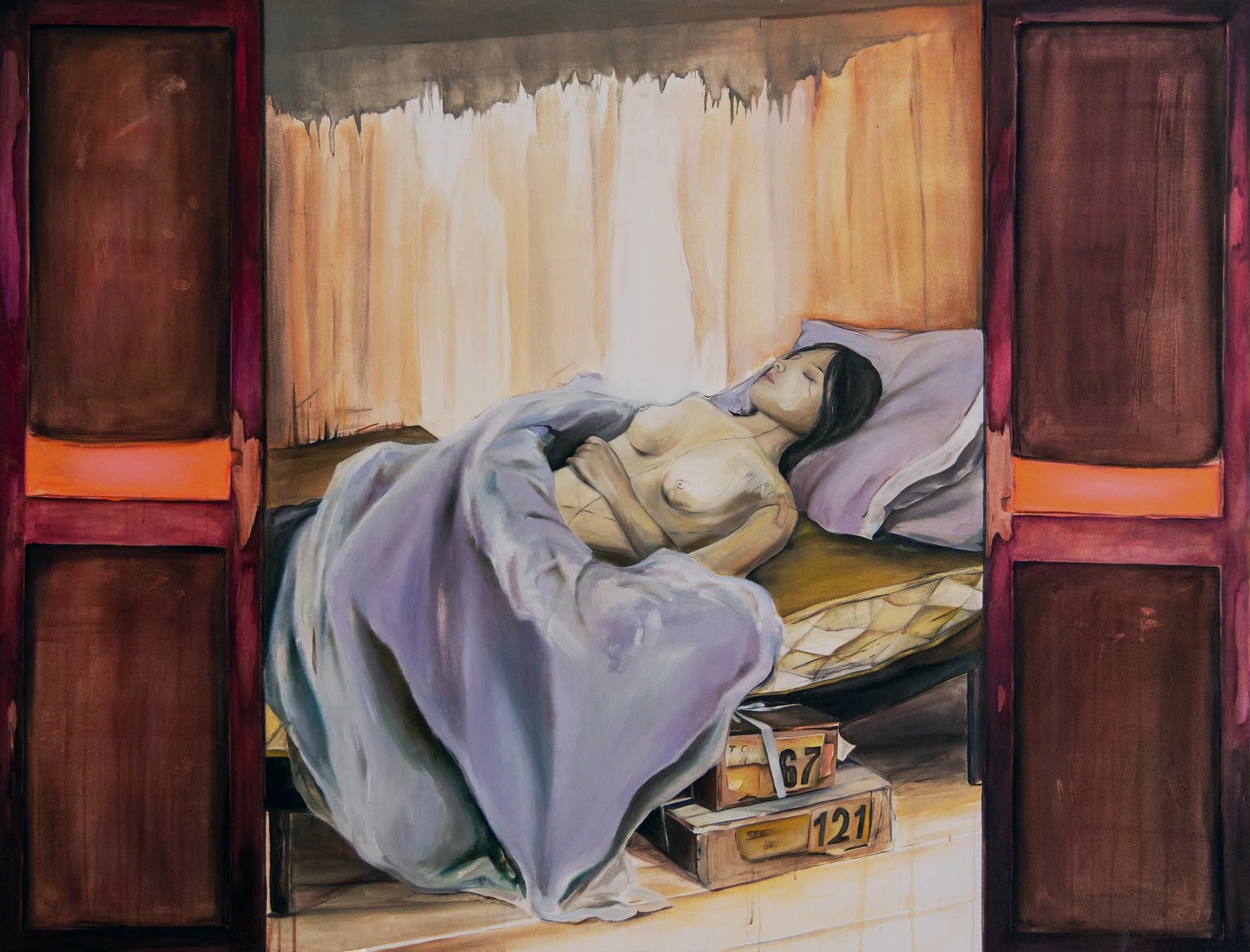 In Absentia, 2025, oil, acrylic, marker pen, soft pastel and charcoal on canvas, 140 x 180 cm