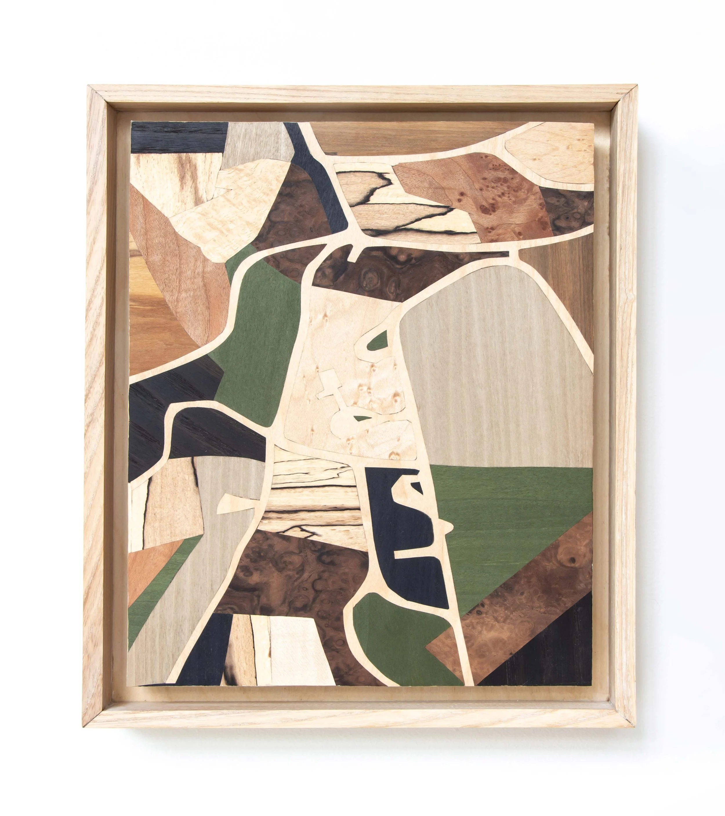 Topo Graphic, 2023, various wood veneers on board in handmade Maple frame, 34 x 25.5 x 4.8 cm