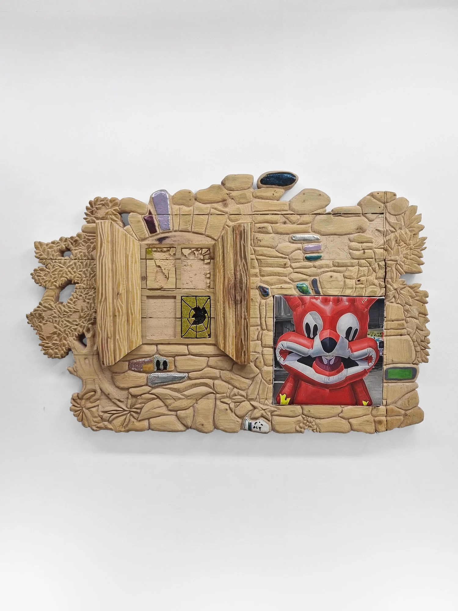 Red Fox, 2024-2025, latex, rhinestones and nail polish on wood and oil on canvas, 87 x 132 x 10.5 cm