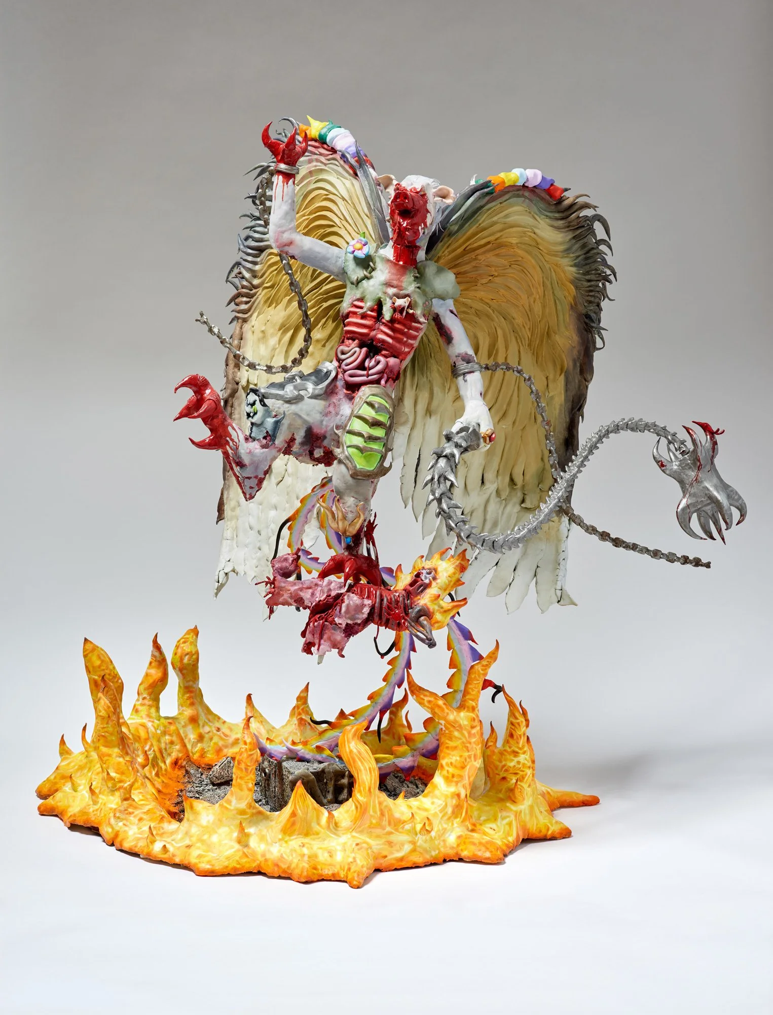 Chick An Undead Angel Covered In Blood With The Wings And Talons Of A Golden Eagle, A Pig's Face Sewn Over The Face Hidden Beneath, 2019, oil on mixed media, 90 x 79 x 80 cm