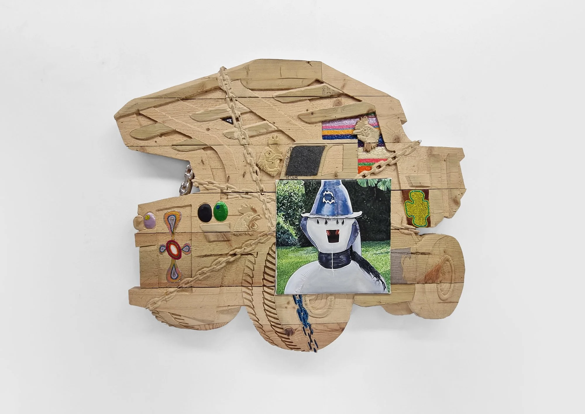 Four Eye Machine, 2024-2025, latex, rhinestones and nail polish on wood and oil on canvas, 98 x 107 x 6.5 cm