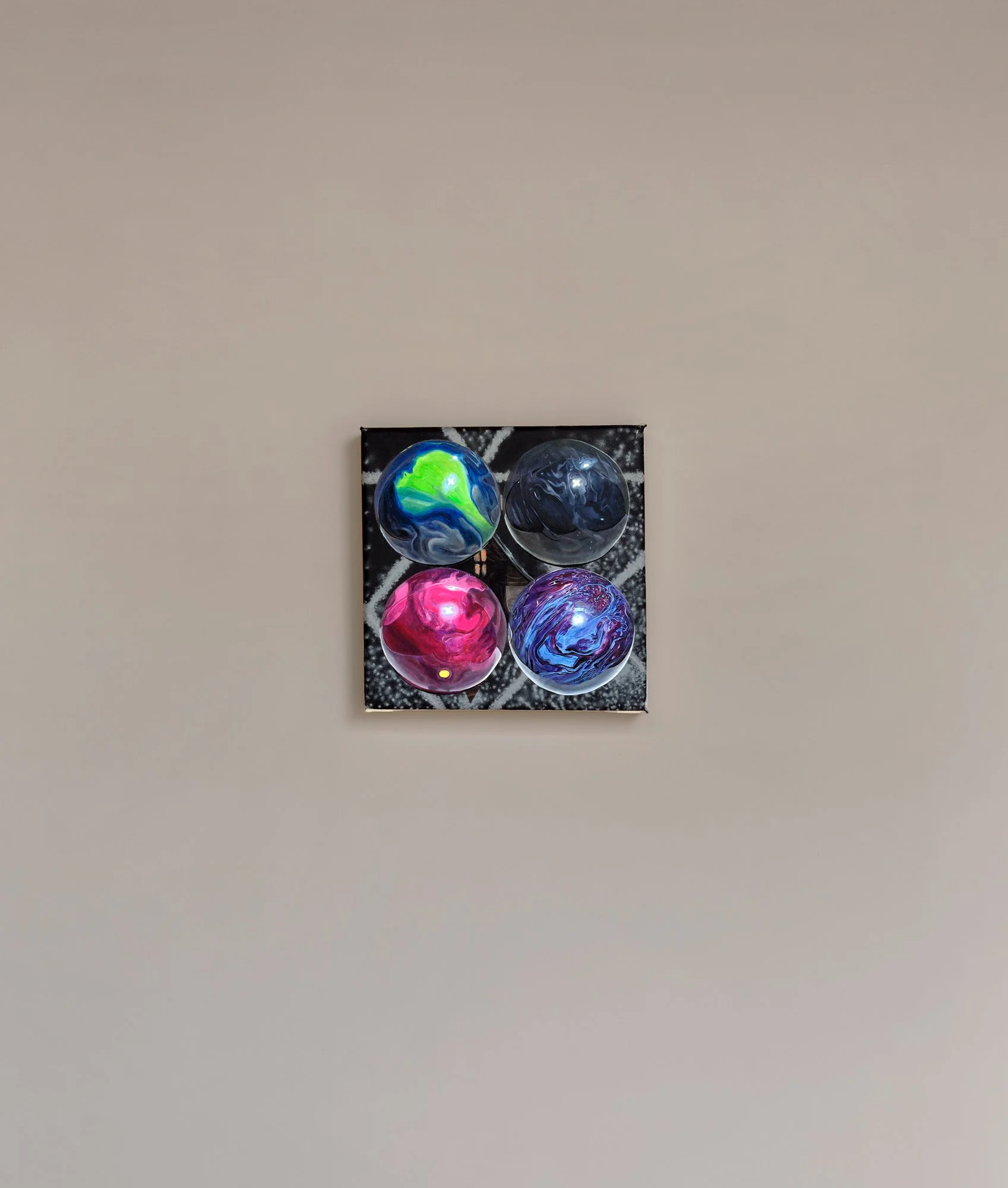 Untitled 2×2 spheres 1, 2025, oil on canvas, 35 x 35 cm