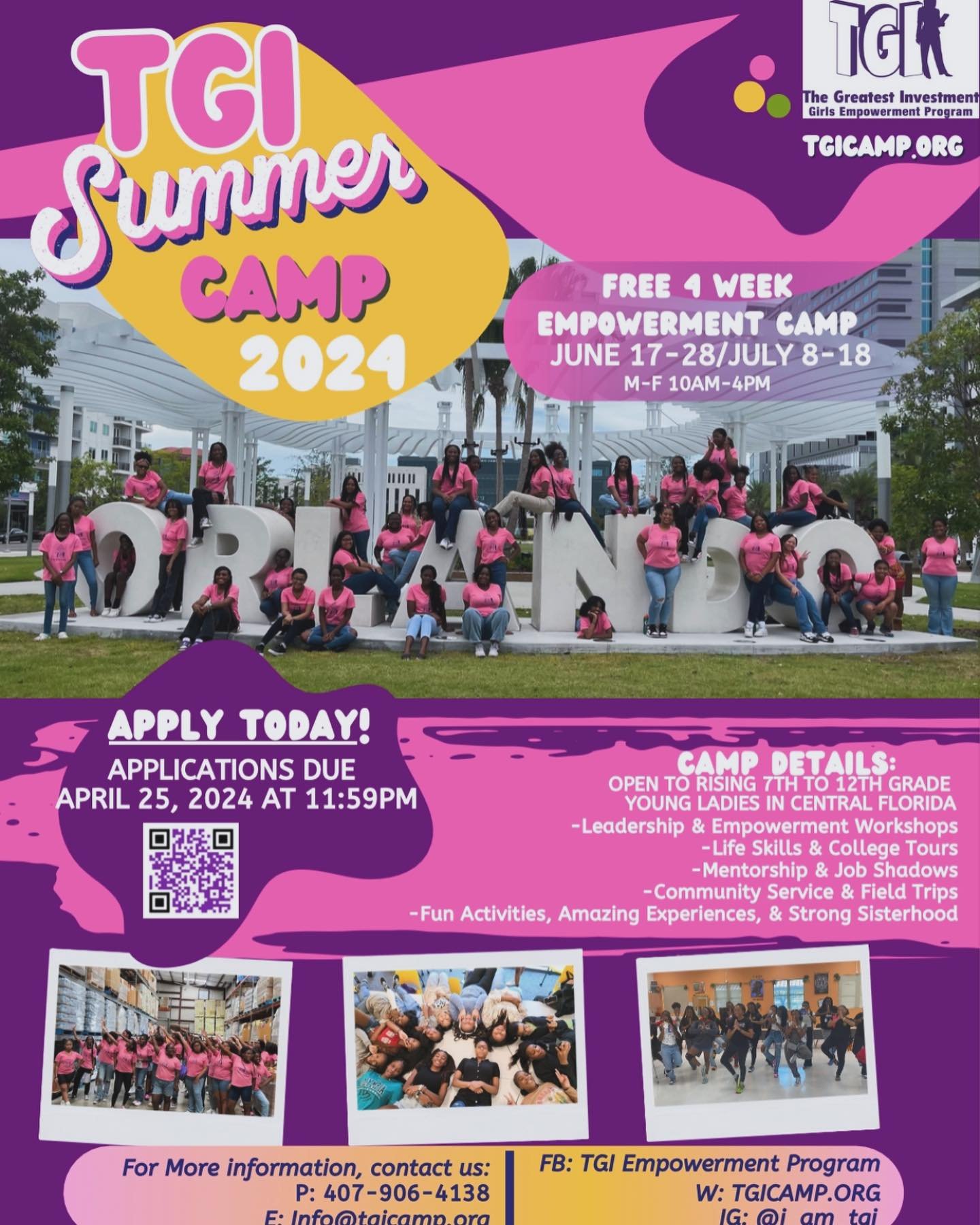 The TGI 2024 Summer Camp Application is available online at www.tgicamp.org. The application is also available in our bio. 

Apply Today! We want all FUTURE FEMALE LEADERS to apply. Applications are due April 25, 2024 at 11:59 pm. If you know any mid