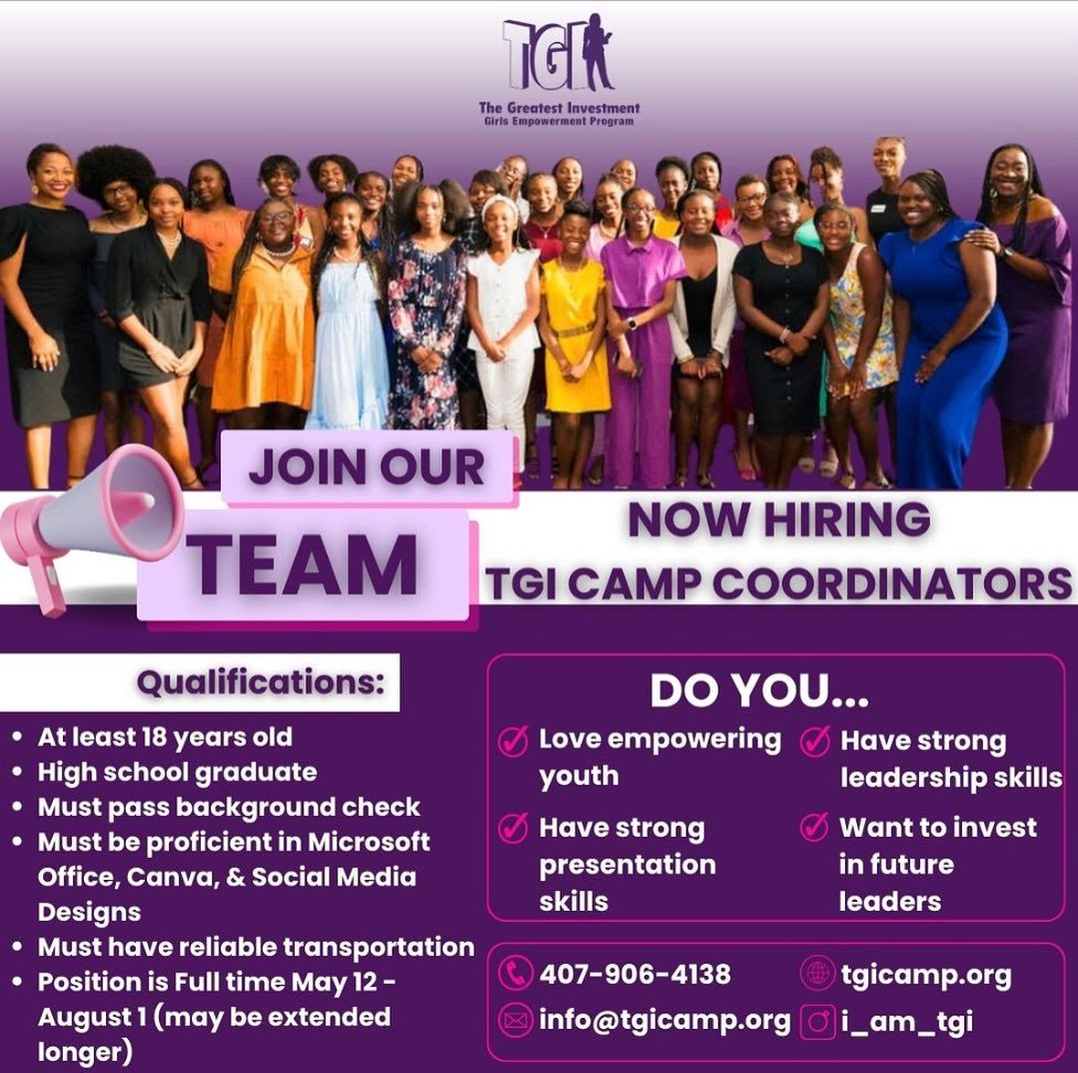 NOW HIRING! We are looking for responsible and caring women in the Central Florida area to join us as a TGI Summer Camp Counselor and invest in our young ladies with us!

We&rsquo;re looking forward to surrounding our young ladies with inspirational,
