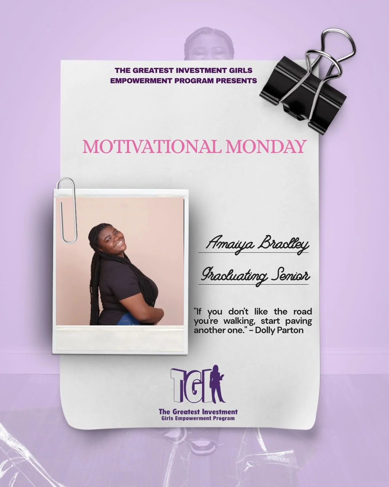 ✨ Motivational Monday ✨

This week&rsquo;s spotlight is on Amaiya Bradley, a graduating senior at Ocoee High School 💜

Her quote was&hellip; &ldquo;If you don&rsquo;t like the road you&rsquo;re walking, start paving another one.&rdquo; &ndash; Dolly