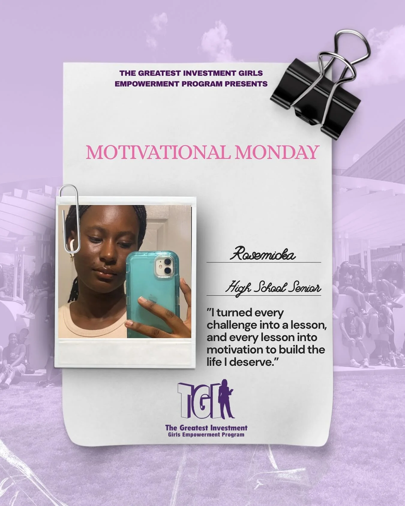 👯&zwj;♀️Motivational Monday!👯&zwj;♀️

It&rsquo;s time for some motivation! Here&rsquo;s a beautiful message from one of our TGI girls, Rosemicka! 💜🩷

#TheGreatestInvestment