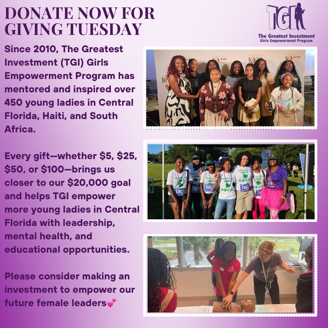 🌟 It&rsquo;s Giving Tuesday 🌟

Every dollar makes a difference! Whether it&rsquo;s $5, $25, $50, or $100, your gift helps TGI reach our $20,000 goal to empower young ladies in Central Florida with leadership, mental health, and educational opportun