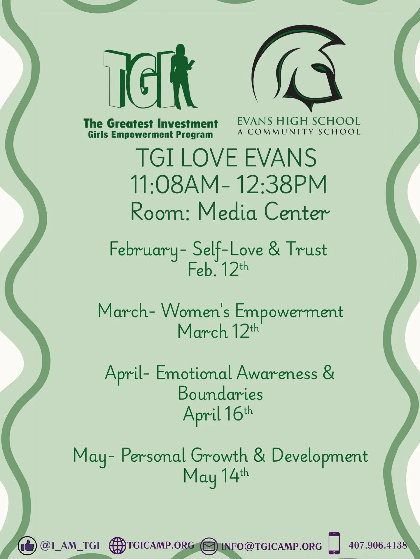 Wonderful Wednesday 👯&zwj;♀️💜🩷

Do you know a young lady that attends Evans High School, Jones High School, or ACE Middle School? Make sure she checks out TGI on the following dates to engage in conversation, empowerment workshops and leadership d