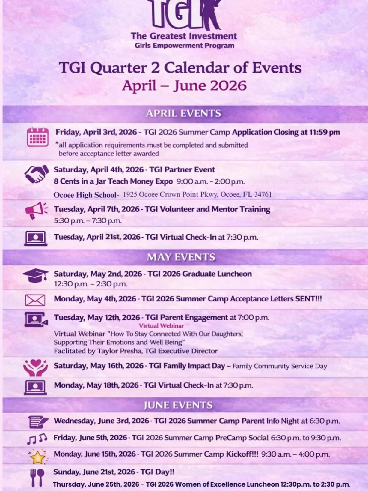 📣Q2 is here, and we&rsquo;re just getting started! 📣

We&rsquo;re excited to share our Q2 Calendar of Events! It will be a season filled with sisterhood, leadership, learning, and unforgettable moments for our young ladies.

From hands‑on workshops